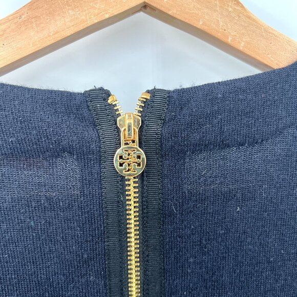 Tory Burch dark navy blue 100% merino wool sweater blouse half sleeve gold top L - Picture 10 of 13